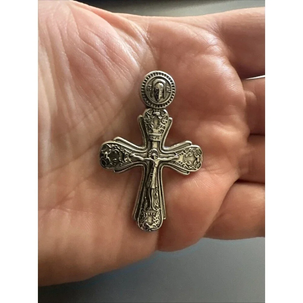 Cross Pendant Dark Silver Tone Stainless Steel 24” Box Chain Jesus Christ Unisex